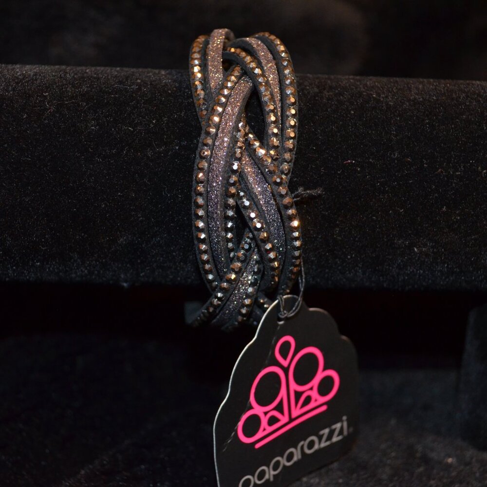 PAPARAZZI (R) Faux Suede Braided Straps Rhinestones Black &Silver Snaps Bracelet